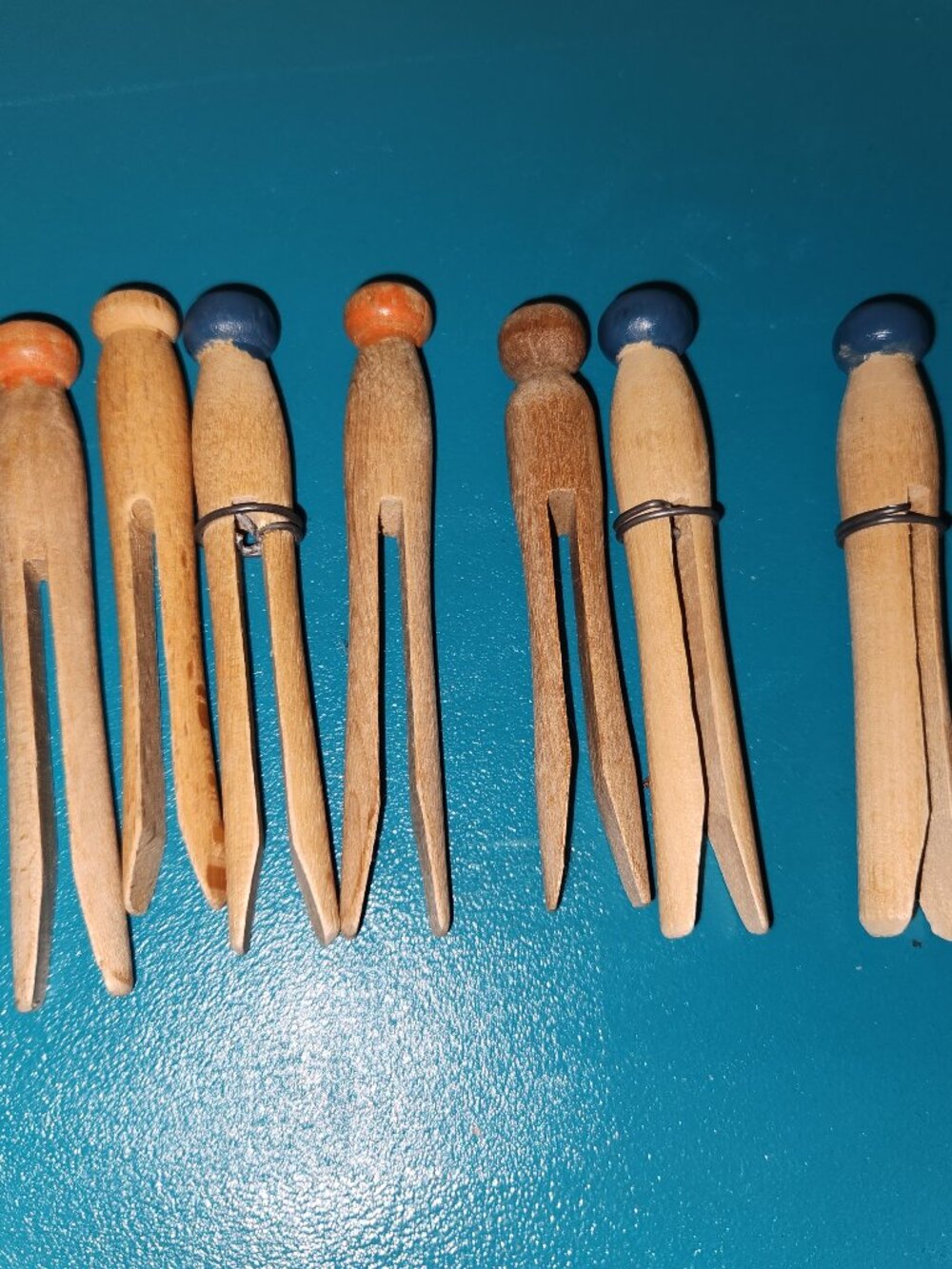 Lot of 7 Vintage Wooden Clothespins Colored Tops Blue Orange Laundry Crafts